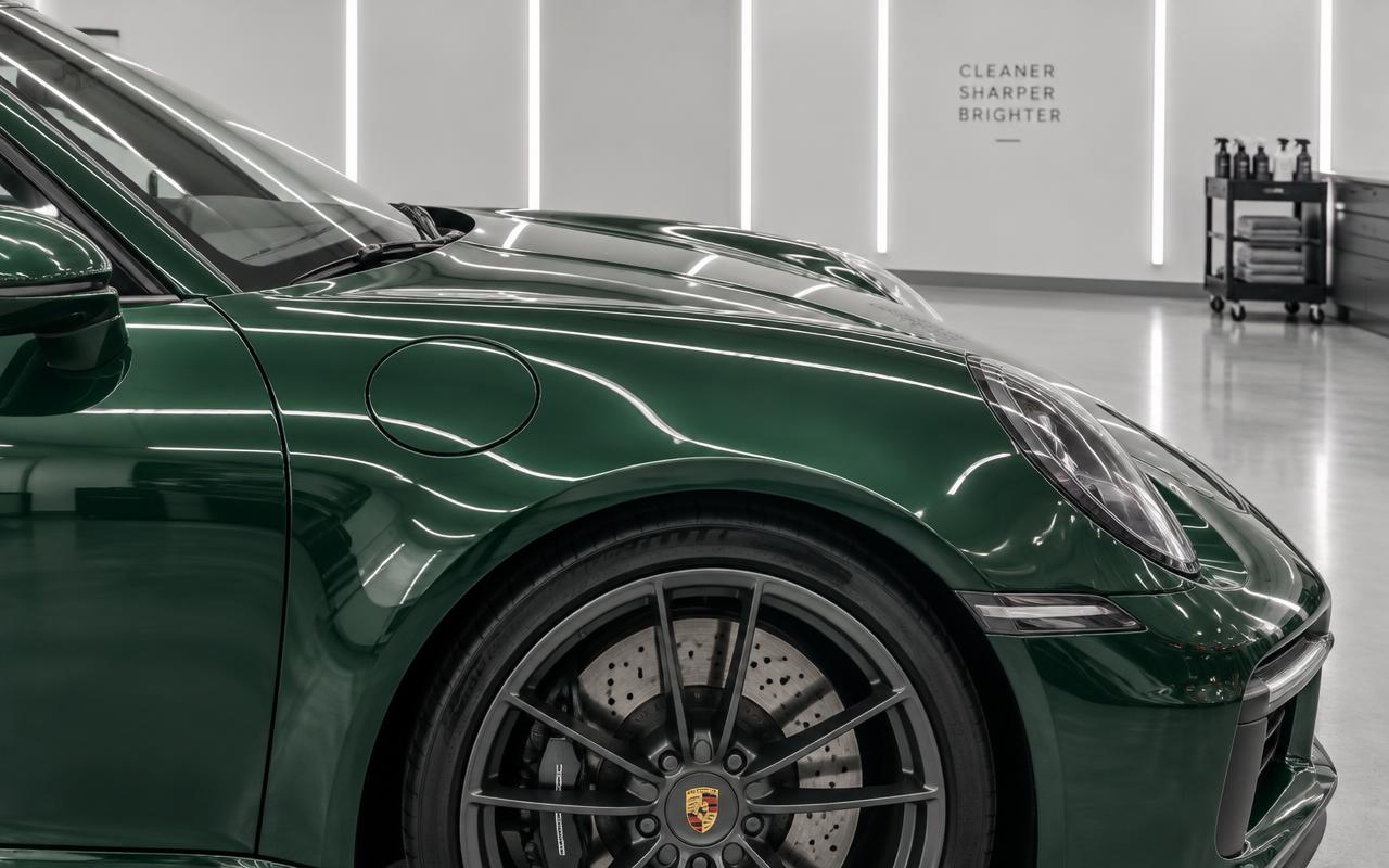 Green sports car with flawless mirror-finish paint after correction