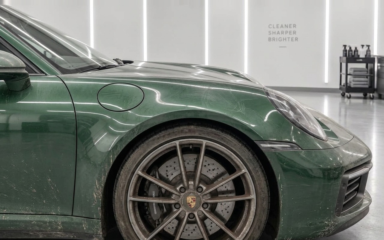 Same sports car before detailing, dull with swirls and road grime
